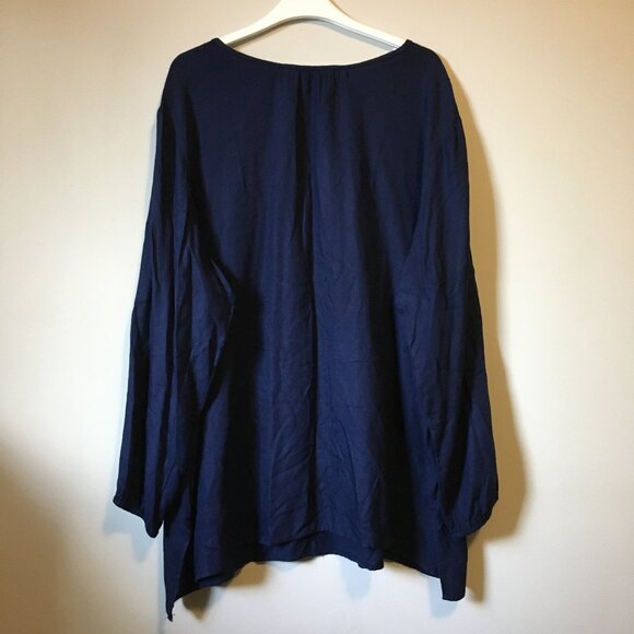 Dark Navy Blue Red Embroidered Peasant Sleeve Bohemian Tunic Shirt - Picture 2 of 15